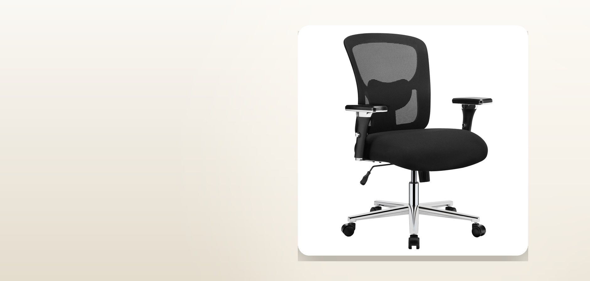 A black mesh-back office chair with a chrome base, photographed against a warm cream background.